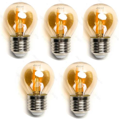 Pacote 5 Lâmpadas de filamento LED E27 G45 4W luz quente 2200K