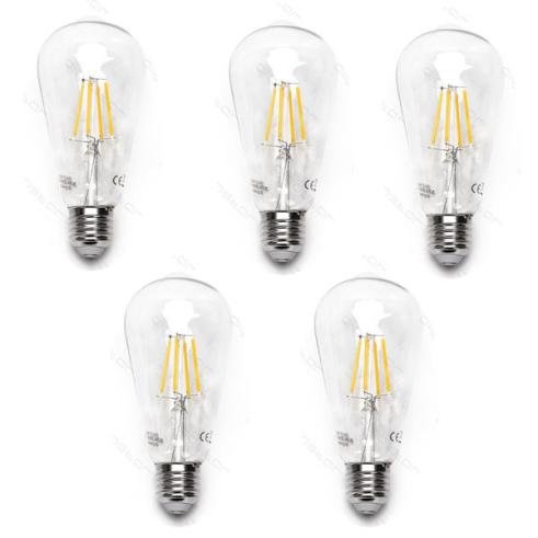 Pacote 5 Lâmpadas de filamento LED E27 ST64 6W luz quente 2700K