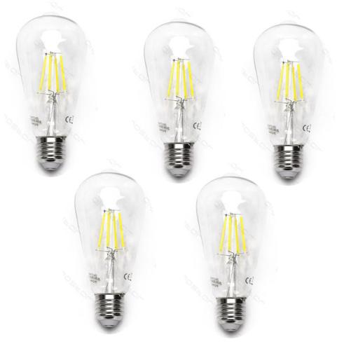 Pacote 5 Lâmpadas de filamento LED E27 ST64 8W luz fria 6500K