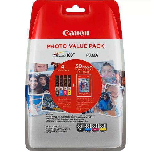 Canon CLI-551 Pacote de 4 originais + 50 folhas de papel fotográfico
