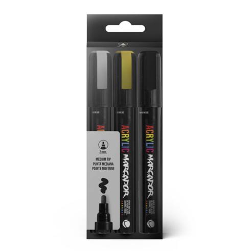 MTN Pack Marcador Acrílico Metálico 3u 2mm (Plata, Oro, Negro)
