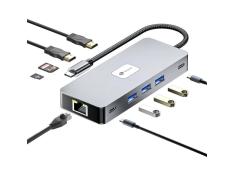 Adaptador Leotec 10 em 1 USB-C a 2xHDMI, 3xUSB-A 3.0, 1xUSB-C PD, 1xUSB-C, 1xRJ45, 1xTF/SD+1xMicroSD Color Cinza