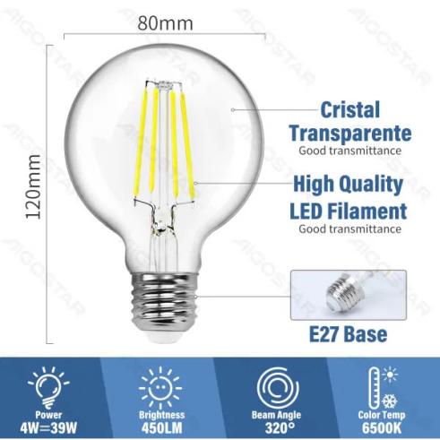 Lâmpada LED Filamento E27 G80 4W Luz Quente 6500K