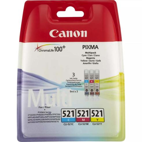 Canon CLI 521 Pacote de 3 Originais - Ciano, Magenta, Amarelo