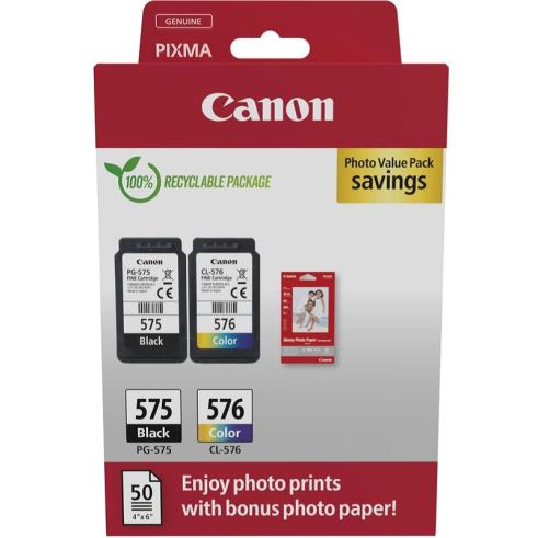 Pacote de cartuchos originais Canon PG-575/CL-576 + 50 folhas de papel fotográfico