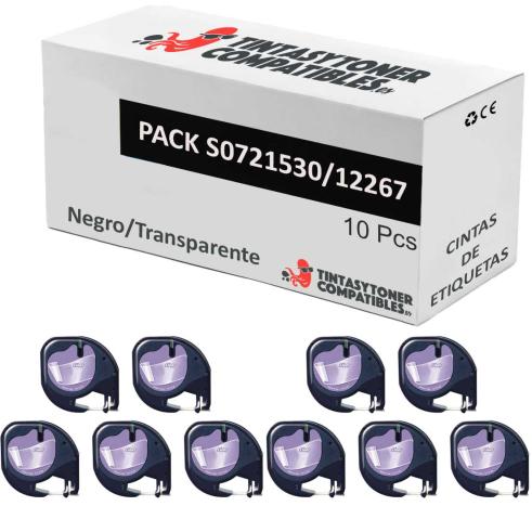 Compatível Pack 10x Dymo LetraTag S0721530 Preto / Transparente