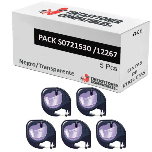 Compatível Pack 5x Dymo LetraTag S0721530 Preto / Transparente