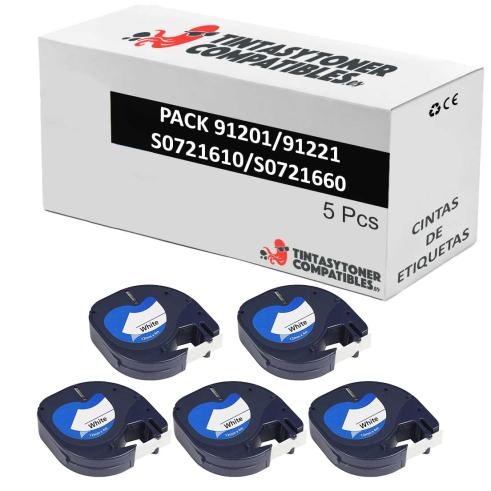 Compatível PACK 5X Dymo LetraTag S0721610/S0721660 Preto / Branco