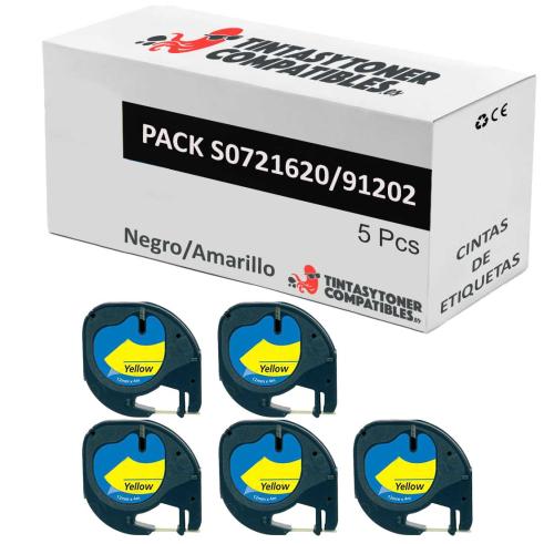 Compatível PACK 5X Dymo LetraTag S0721620 Preto / Amarelo