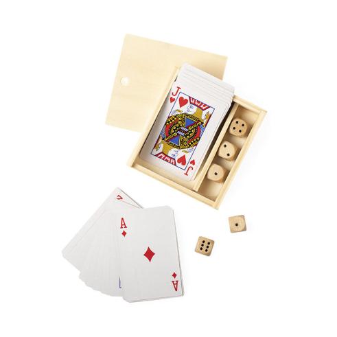 Jogo de Cartas e Dados de Madeira