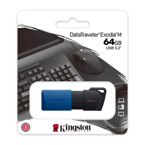 Unidade flash USB Kingston DataTraveler Exodia M 64GB - USB 3.2 Gen 1 - Tampa móvel - Clipe para chaveiro - Cor preta/azul