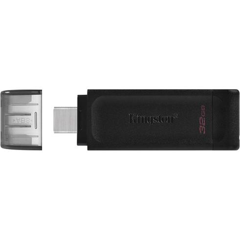 Unidade Flash Kingston DataTraveler 70 USB tipo C - 32 GB - USB-C 3.2 Gen 1 - Com Tampa - Preta