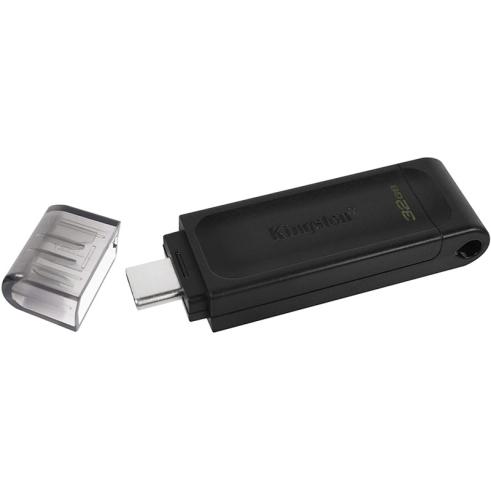 Unidade Flash Kingston DataTraveler 70 USB tipo C - 32 GB - USB-C 3.2 Gen 1 - Com Tampa - Preta
