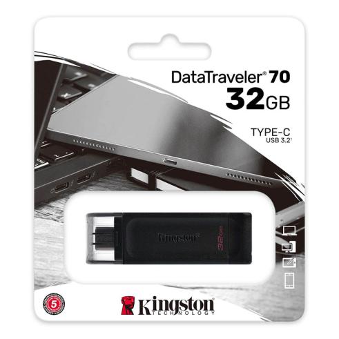 Unidade Flash Kingston DataTraveler 70 USB tipo C - 32 GB - USB-C 3.2 Gen 1 - Com Tampa - Preta