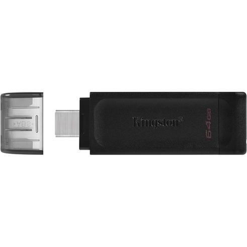 Unidade Flash Kingston DataTraveler 70 USB tipo C - 64GB - USB-C 3.2 Gen 1 - Com Tampa - Preta