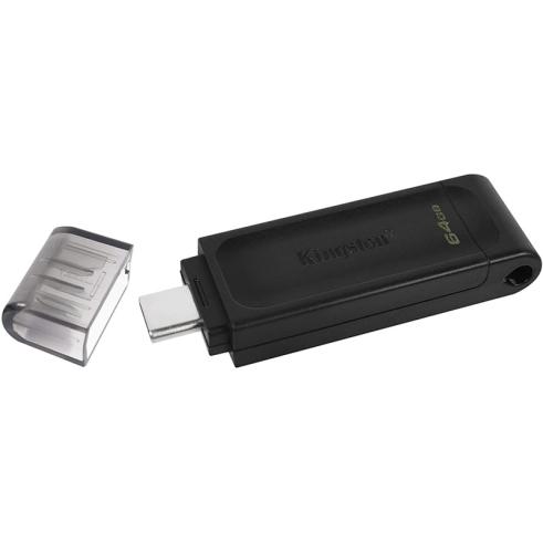 Unidade Flash Kingston DataTraveler 70 USB tipo C - 64GB - USB-C 3.2 Gen 1 - Com Tampa - Preta