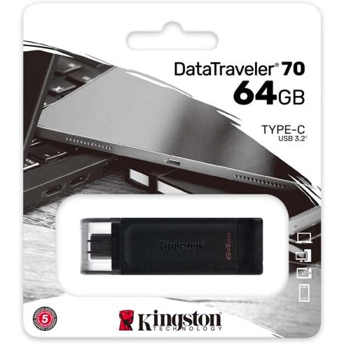 Unidade Flash Kingston DataTraveler 70 USB tipo C - 64GB - USB-C 3.2 Gen 1 - Com Tampa - Preta