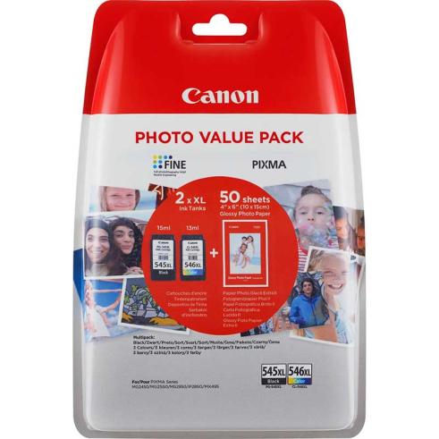 Pacote Original Canon PG-545XL / CL-546XL + 50 Folhas de Papel Fotográfico