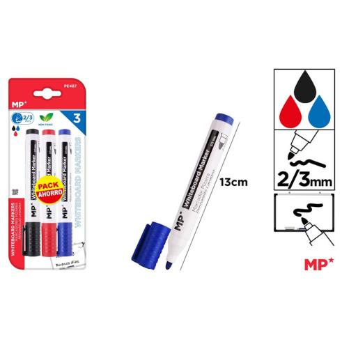 Pacote com 3 marcadores de quadro branco MP - azul/preto/vermelho