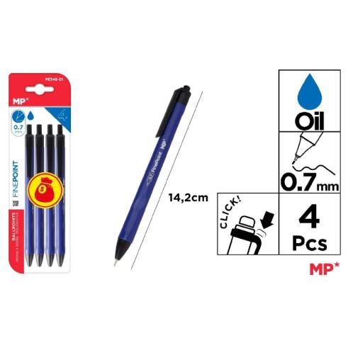 Embalagem de 4 canetas de tinta à base de óleo 0,7 mm azul MP