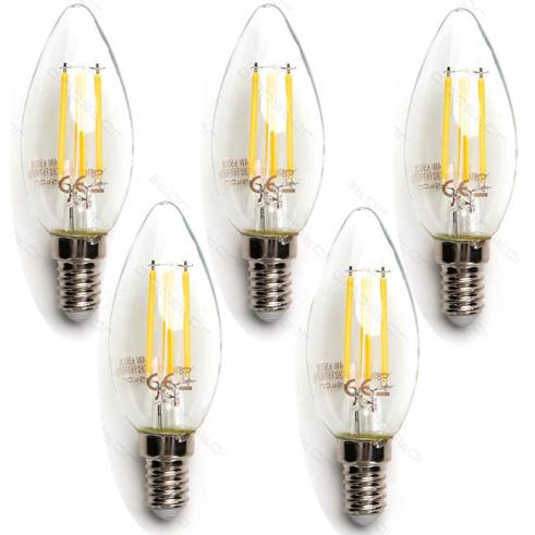 Pacote de 5 Lâmpadas LED de filamento E14 C35 4W Luz Quente 2700K
