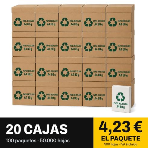 Papel A4 reciclado 80 g · 20 cajas de folios (50.000 hojas)