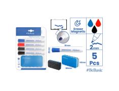 Conjunto BeBasic com 4 marcadores para quadro branco e apagador.
