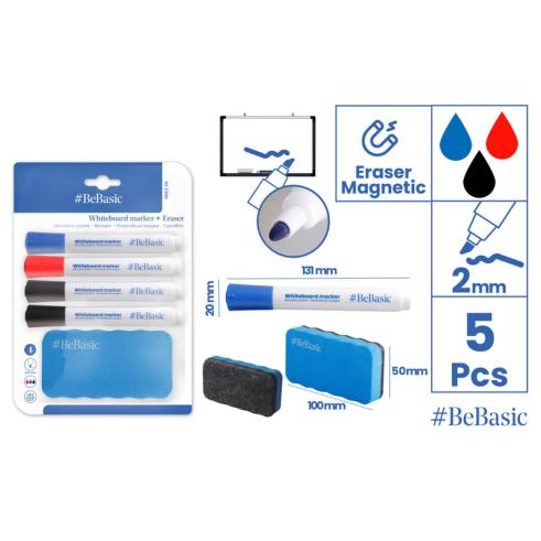 Conjunto BeBasic com 4 marcadores para quadro branco e apagador.